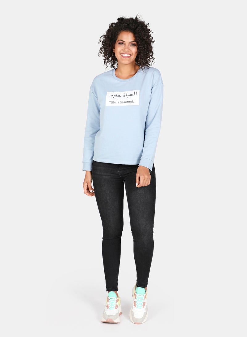 DRIP - Casual Life Is Beautiful Printed Crew Neck Regular Fit Sweatshirt Blue Fog - Image 1