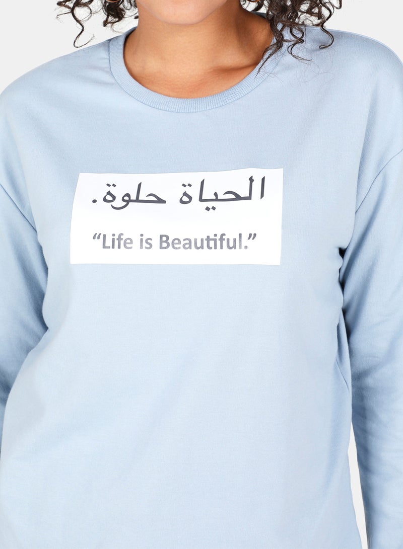 DRIP - Casual Life Is Beautiful Printed Crew Neck Regular Fit Sweatshirt Blue Fog - Image 1