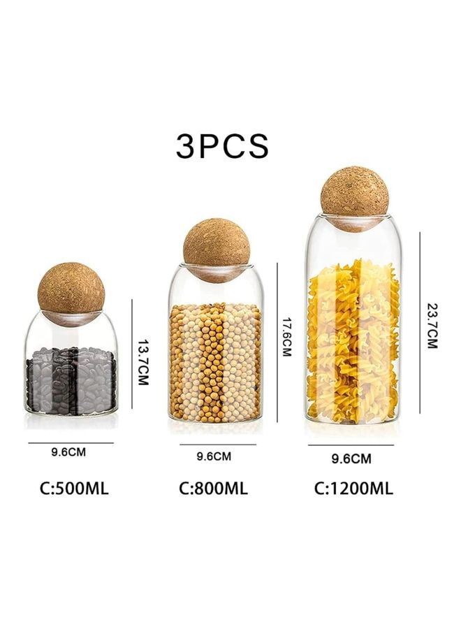 فوفو طقم مرطبانات زجاجية لتخزين الطعام مع غطاء بشكل كرة خشبية مكون من 3 قطع . شفاف 1200ملليلتر - Image 2