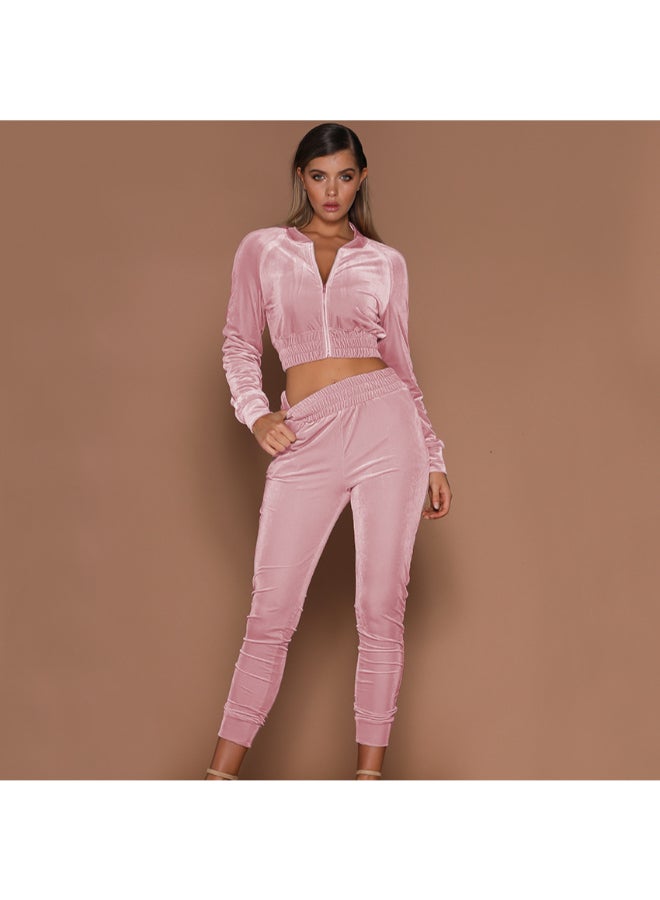 HALAMODO Two-Piece Velvet Tracksuit Pink  - Image 1