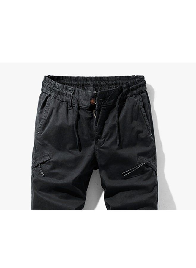 HALAMODO - Pure Cotton Multi-Pocket Casual Pants Black - Image 1