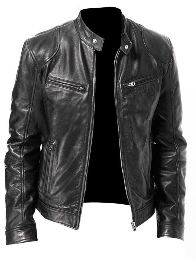 HALAMODO Stand Collar Trendy Biker Jacket Black  - Image 1