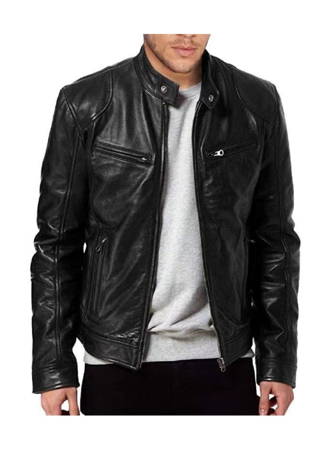 HALAMODO Stand Collar Trendy Biker Jacket Black  - Image 2