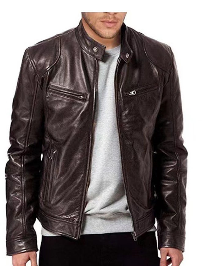 HALAMODO Stand Collar Trendy Biker Jacket Brown  - Image 3