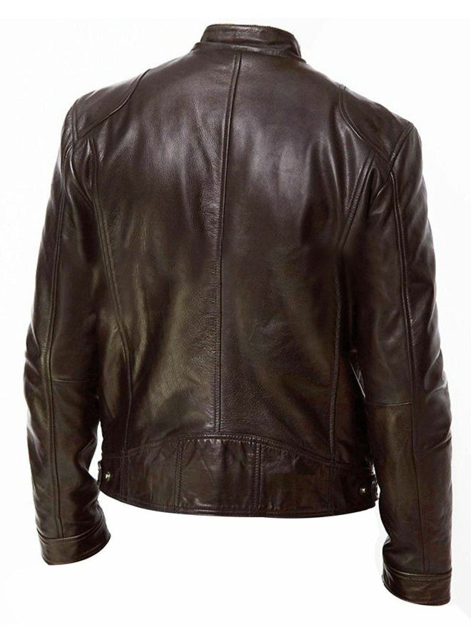 HALAMODO Stand Collar Trendy Biker Jacket Brown  - Image 2