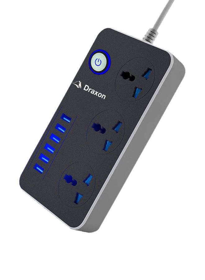 Draxon 3 Way Power Extension Cord, 3 Universal Plugs Power Strip, 6 USB Fast Charging Ports 2 Meters Cable Surge Protector Black/Grey 12x6x4cm - Image 1