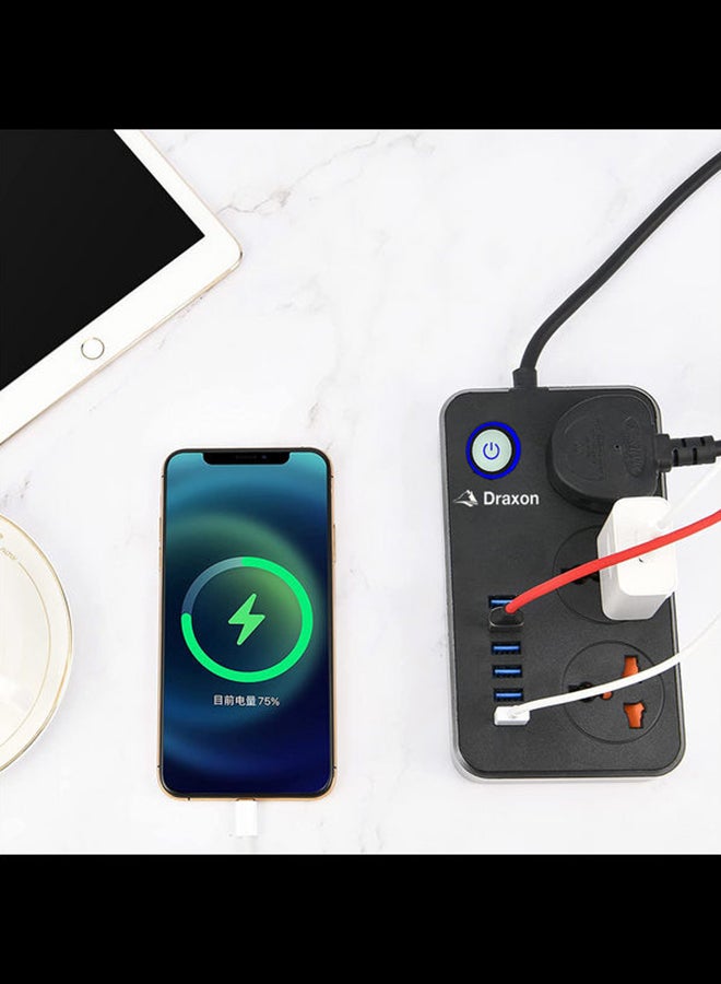 Draxon 3 Way Power Extension Cord, 3 Universal Plugs Power Strip, 6 USB Fast Charging Ports 2 Meters Cable Surge Protector Black/Grey 12x6x4cm - Image 3
