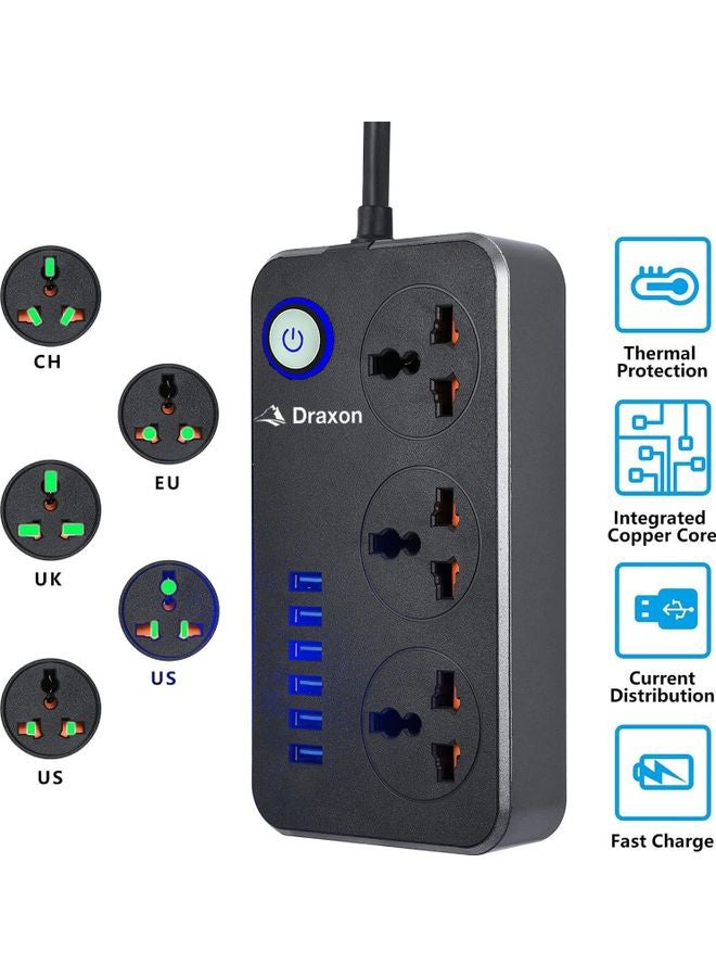 Draxon 3 Way Power Extension Cord, 3 Universal Plugs Power Strip, 6 USB Fast Charging Ports 2 Meters Cable Surge Protector Black/Grey 12x6x4cm - Image 4