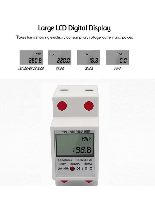 DDM15SC LCD Digital Display Single Phase DIN-Rail Energy Meter White 8 x 4 x 7cm