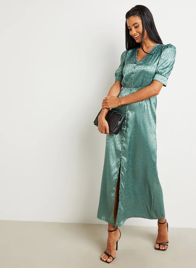 Closet By Styli Animal Jacquard Print V-Neck Maxi Dress Green