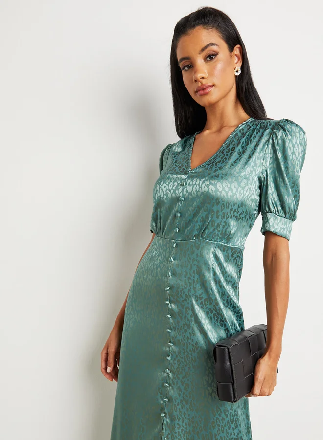 Closet By Styli Animal Jacquard Print V-Neck Maxi Dress Green