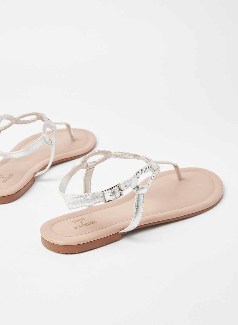 Sivvi x D'Atelier Woven Detail Flat Sandals Silver  - Image 3