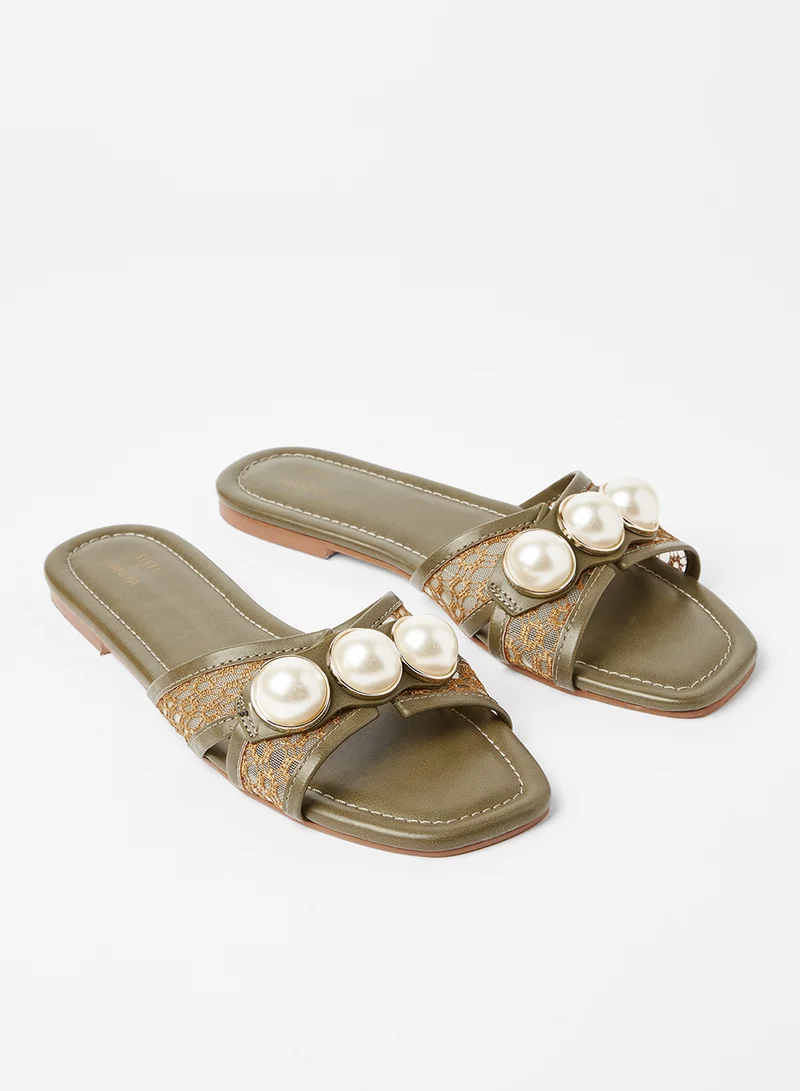 SIVVI for HANIYA Lace Detail Flat Sandals Green