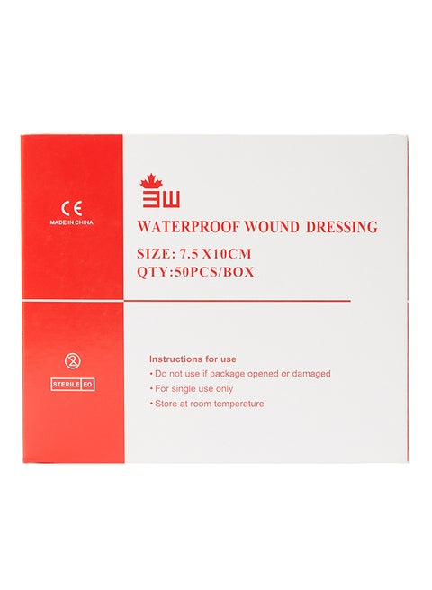 3W Waterproof Wound Dressing - 50 Pieces - Size 10X7.5Cm, Adhesive Island Dressing, Edged Gauze Dressing, Sterile, Breathable Square Bandage, Tape Pads, Individually Wrapped Pouches