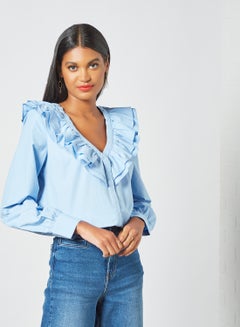Sivvi x D'Atelier Ruffled V-Neck Top Blue  - Image 1