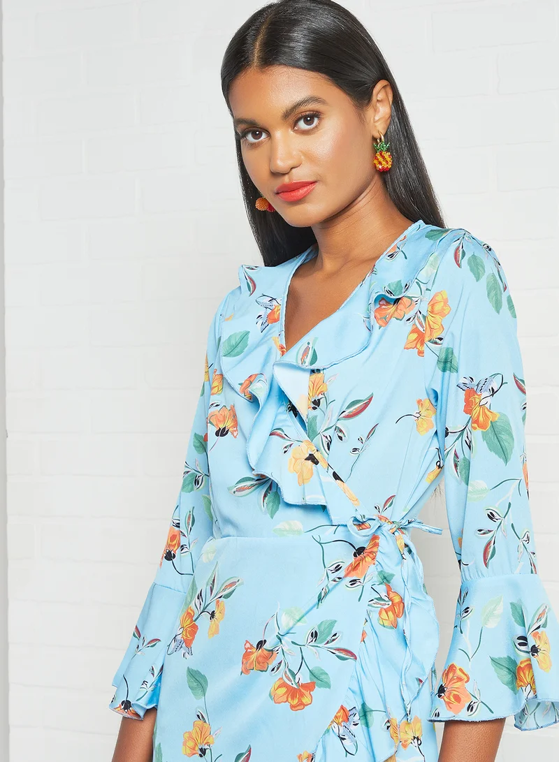 Sivvi x D'Atelier Floral Ruffle Wrap Dress Blue