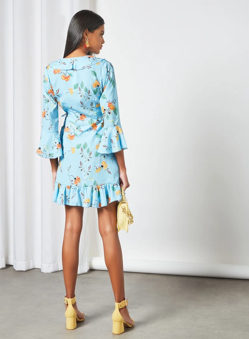 Sivvi x D'Atelier Floral Ruffle Wrap Dress Blue