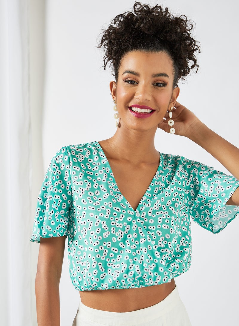 Sivvi x GenM - Floral Wrap Front Crop Top Light Green - Image 1