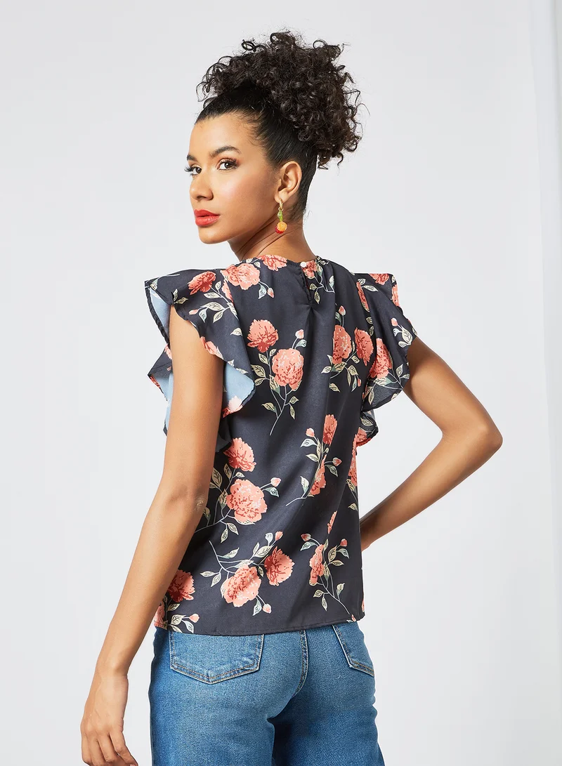 Sivvi x GenM Printed Ruffle Sleeve Top Black