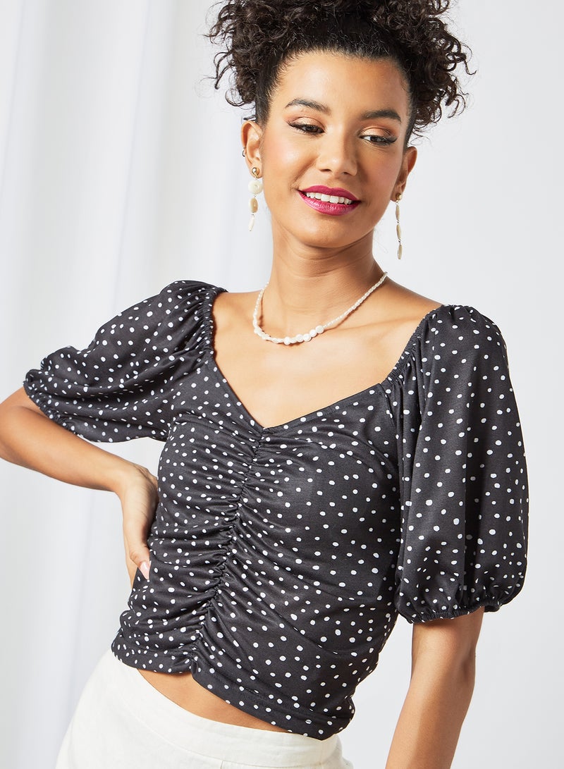 Sivvi x GenM - Polka Dot Ruched Crop Top Black - Image 1