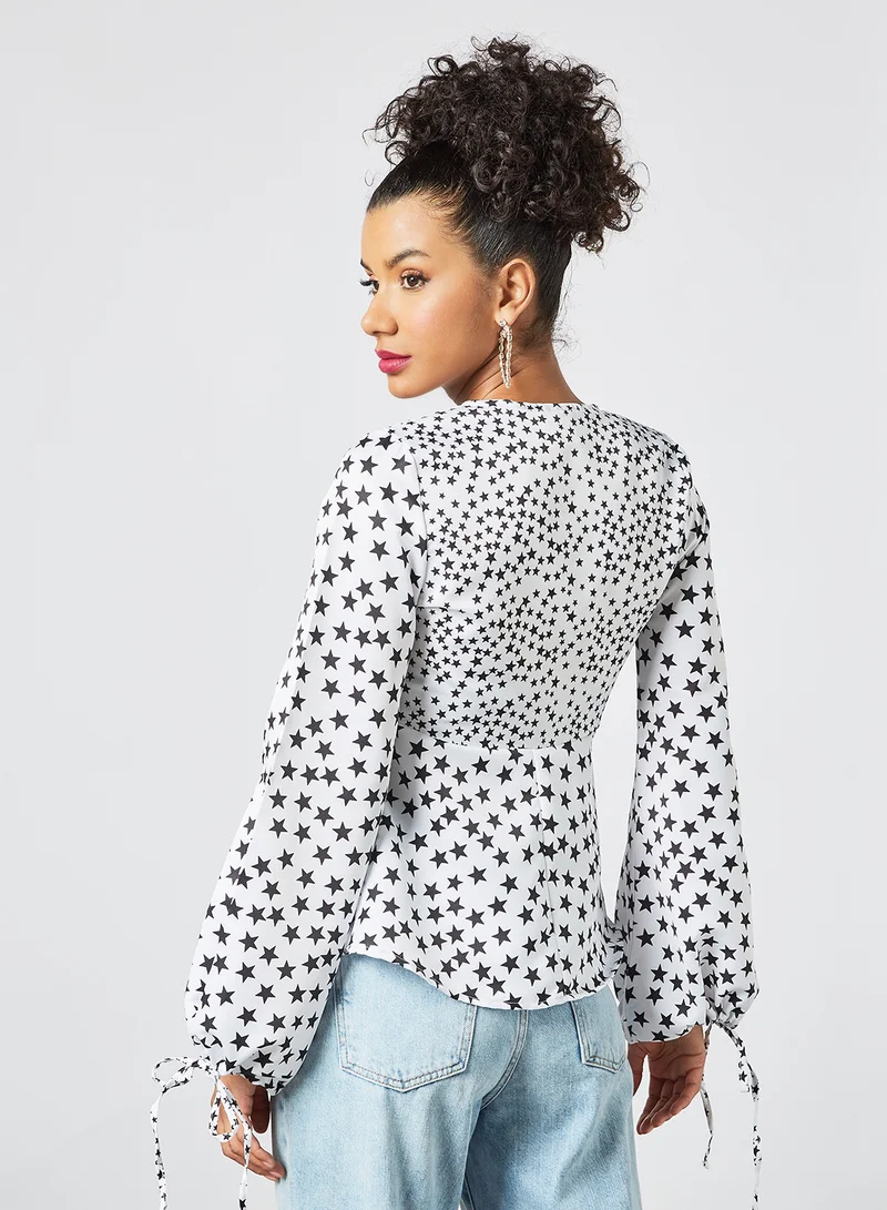 Sivvi x GenM Star Print Ruffle Sleeve Top White