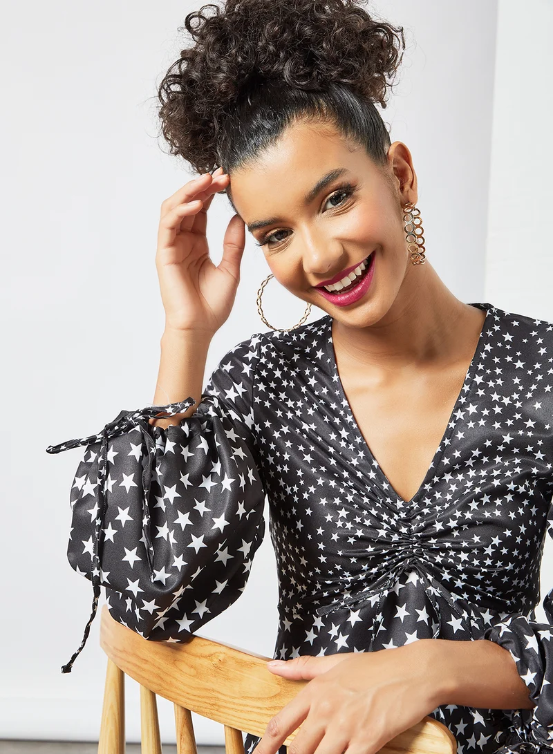 Sivvi x GenM Star Print Ruffle Sleeve Top Black