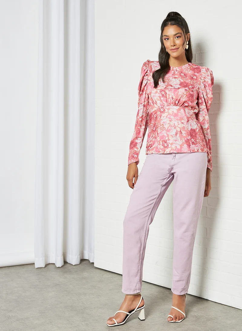Sivvi x GenM Floral Print Puff Sleeve Top Pink
