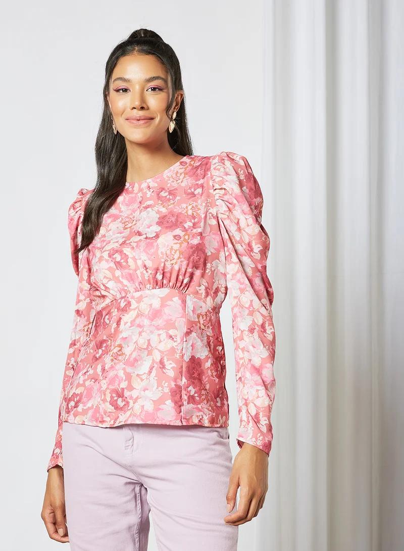 Sivvi x GenM Floral Print Puff Sleeve Top Pink