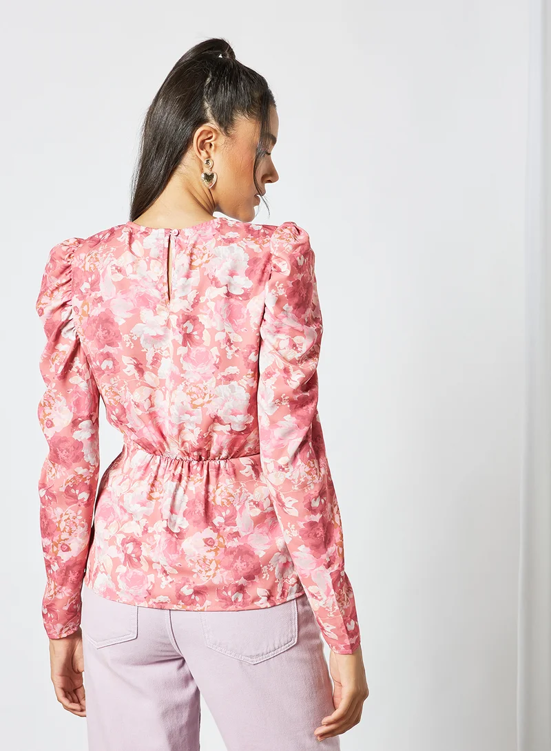 Sivvi x GenM Floral Print Puff Sleeve Top Pink