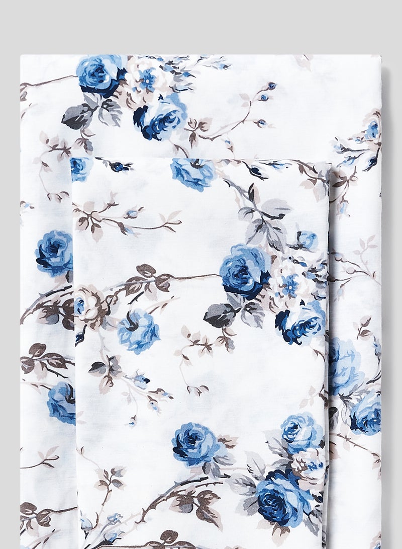 RISHAHOME 2-Piece 180 TC Premium Collection Single Size Printed Bedsheet And Pillow Case Set Includes 1xBedsheet 147x240 cm,1xPillow Case Cotton White/Blue 50x75cm  - Image 2