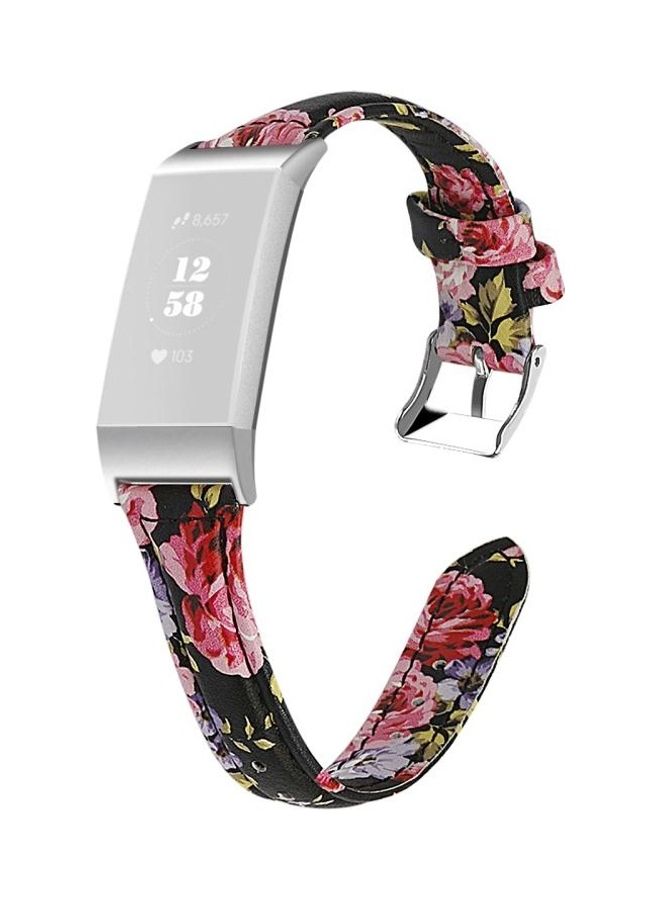 BGM Slim Steel Head Leather Strap For Fitbit Charge 3 / 4 Pink Flower - Image 1