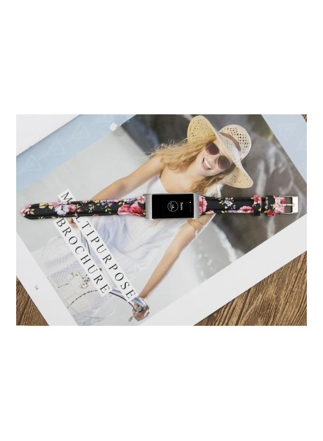 BGM Slim Steel Head Leather Strap For Fitbit Charge 3 / 4 Pink Flower - Image 5