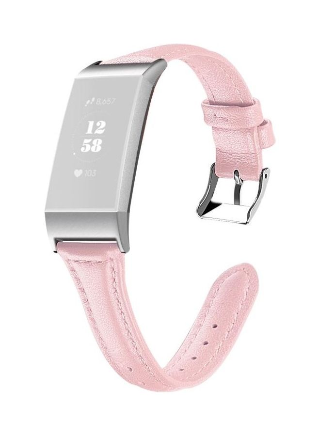 BGM Slim Steel Head Leather Strap For Fitbit Charge 3/4 Rose Pink  - Image 1