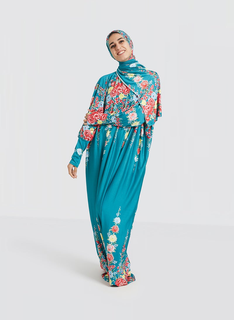 ARTLOOK Floral Printed Isdal With Hijab Blue/Green/Pink - Image 1
