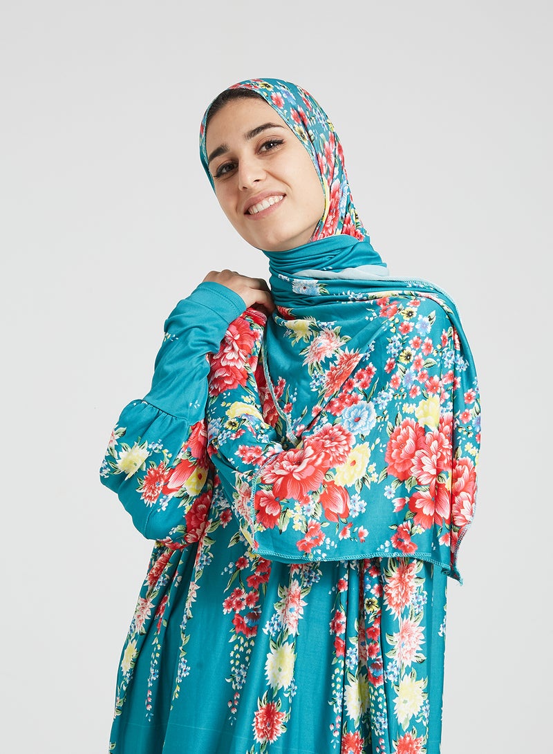 ARTLOOK Floral Printed Isdal With Hijab Blue/Green/Pink - Image 3