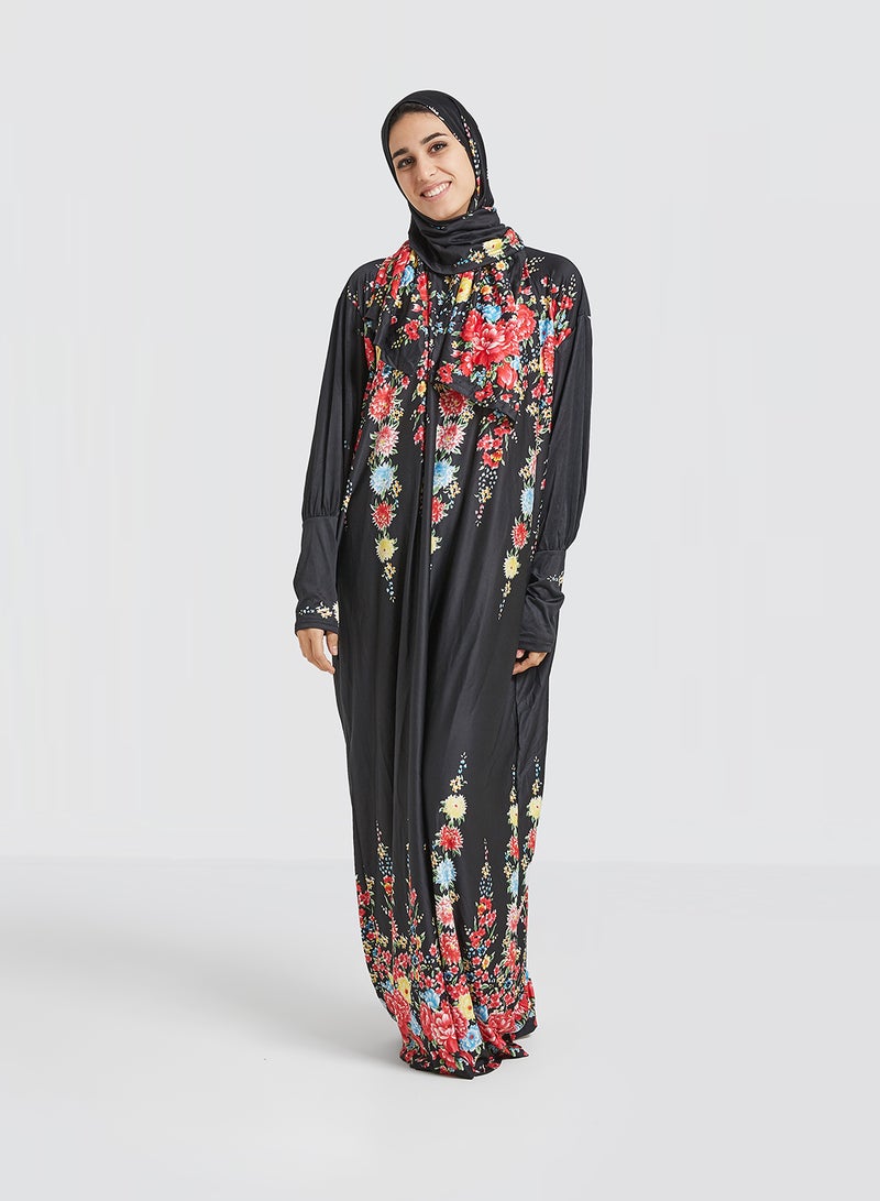 ARTLOOK Floral Printed Isdal With Hijab Black/Pink/Blue - Image 1
