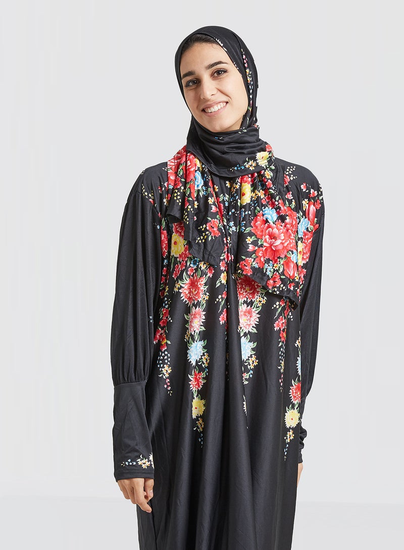 ARTLOOK Floral Printed Isdal With Hijab Black/Pink/Blue - Image 3