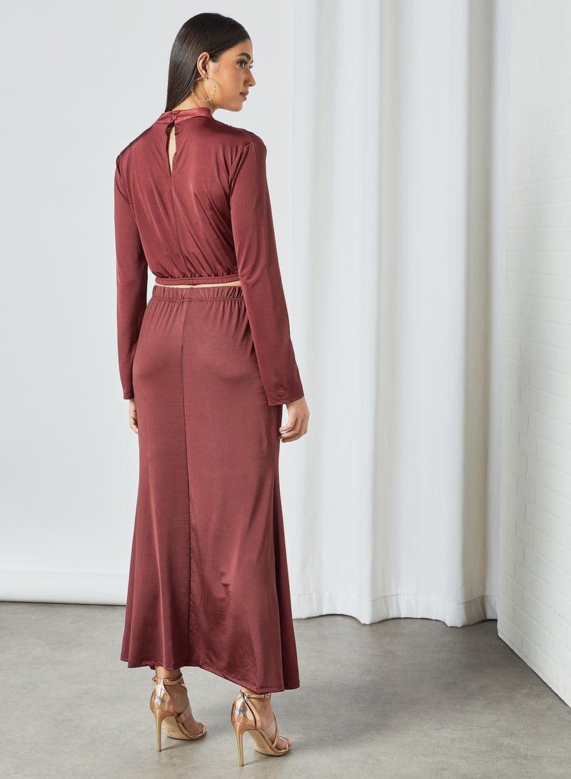 SIVVI for HANIYA High Neck Crop Top and Skirt Set Maroon  - Image 4