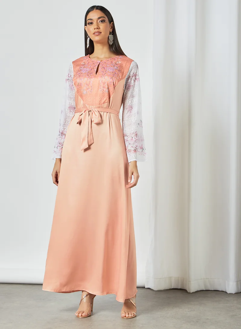 SIVVI for HANIYA Lace Panel Tie-Waist Dress Peach/Pink