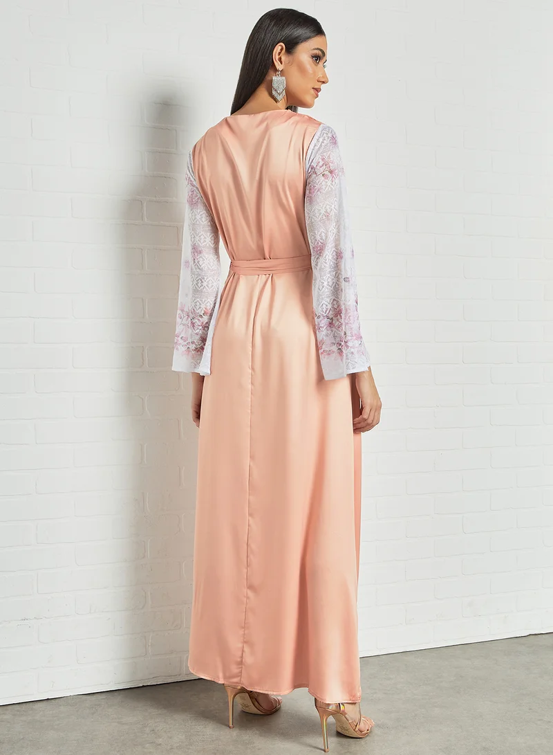 SIVVI for HANIYA Lace Panel Tie-Waist Dress Peach/Pink