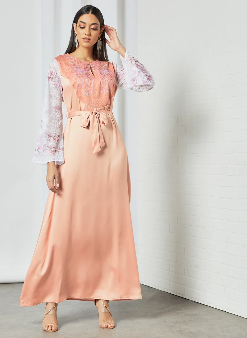 SIVVI for HANIYA Lace Panel Tie-Waist Dress Peach/Pink