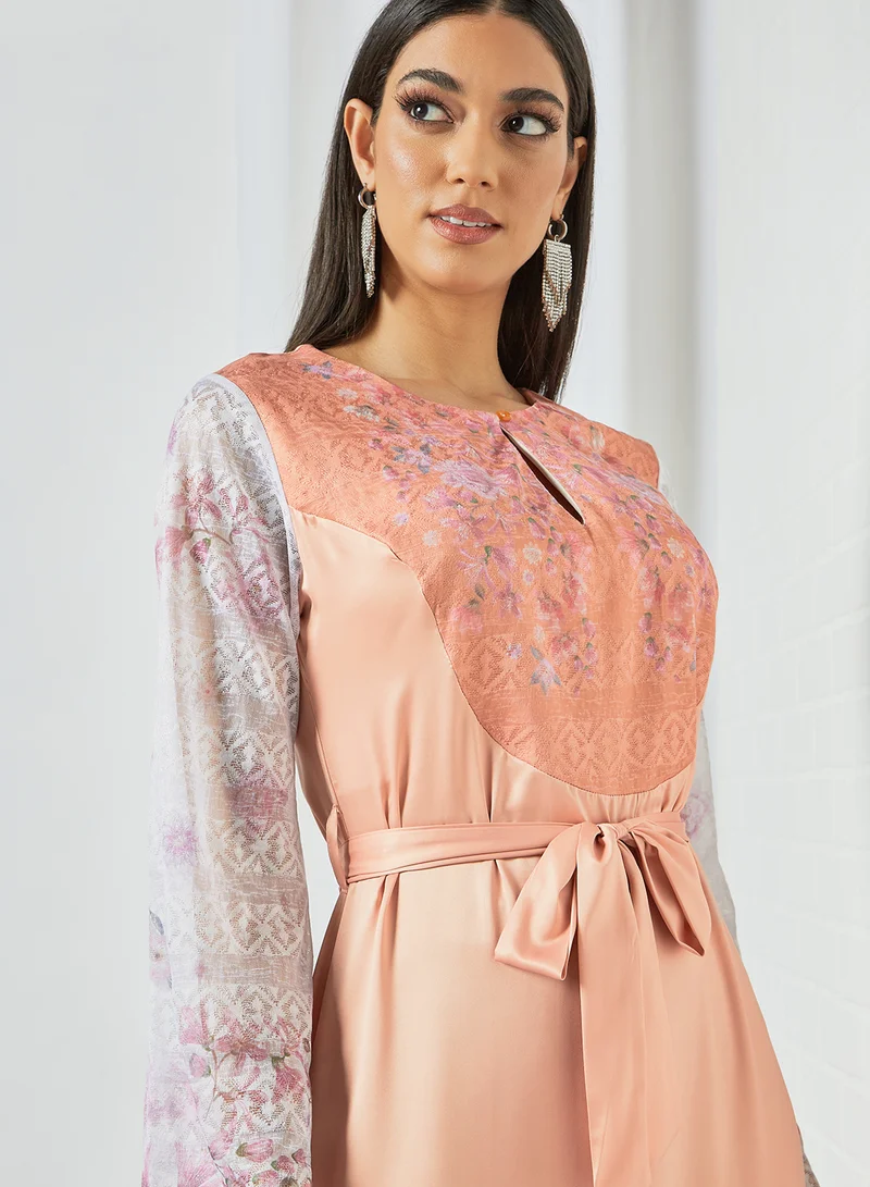SIVVI for HANIYA Lace Panel Tie-Waist Dress Peach/Pink