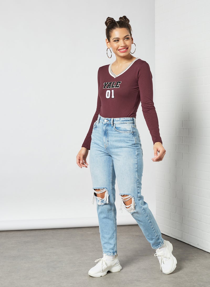 Embroidered Slogan Bodysuit Maroon - v1630932197/N45732262V_2