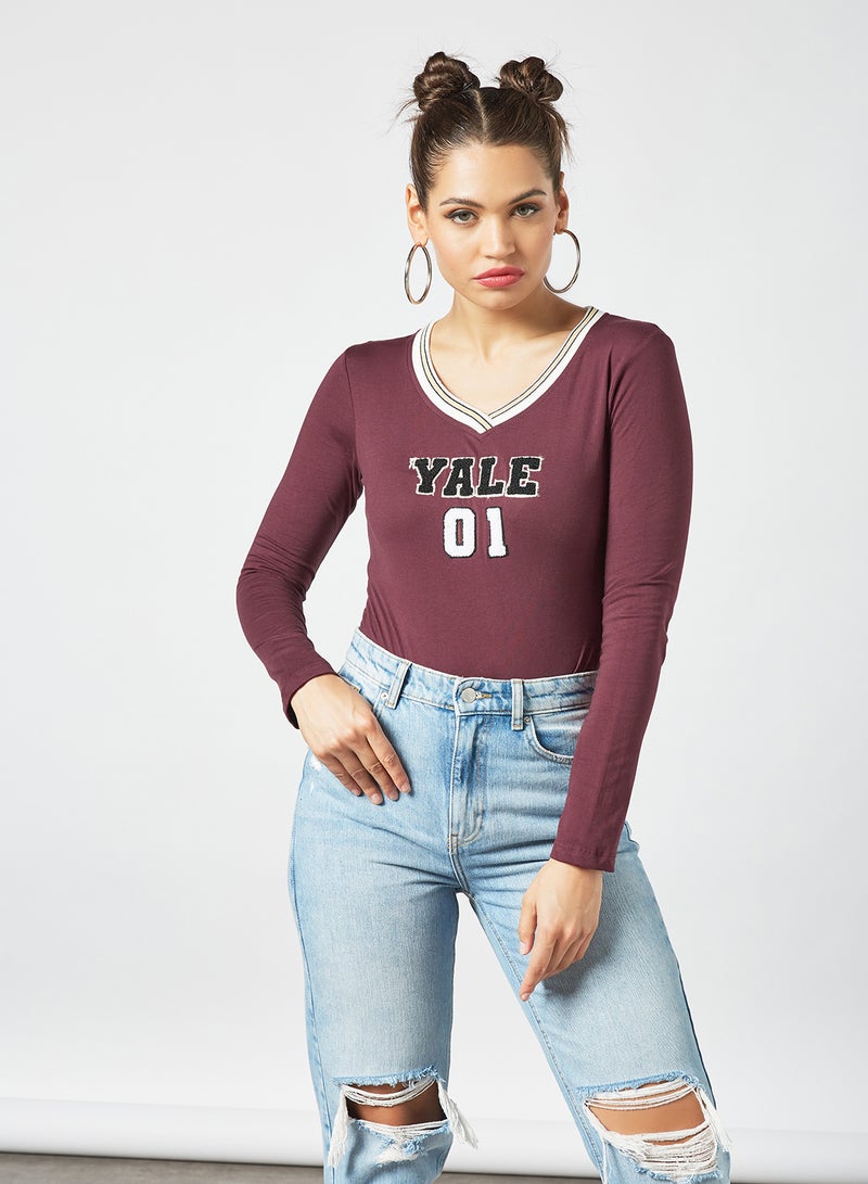 Embroidered Slogan Bodysuit Maroon - v1630932198/N45732262V_4