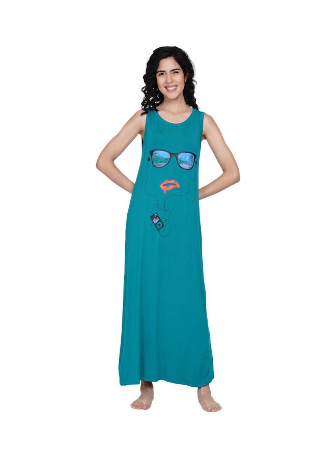 Miss London Printed Super Soft Sleeveless Night Gown Teal Green - Image 1