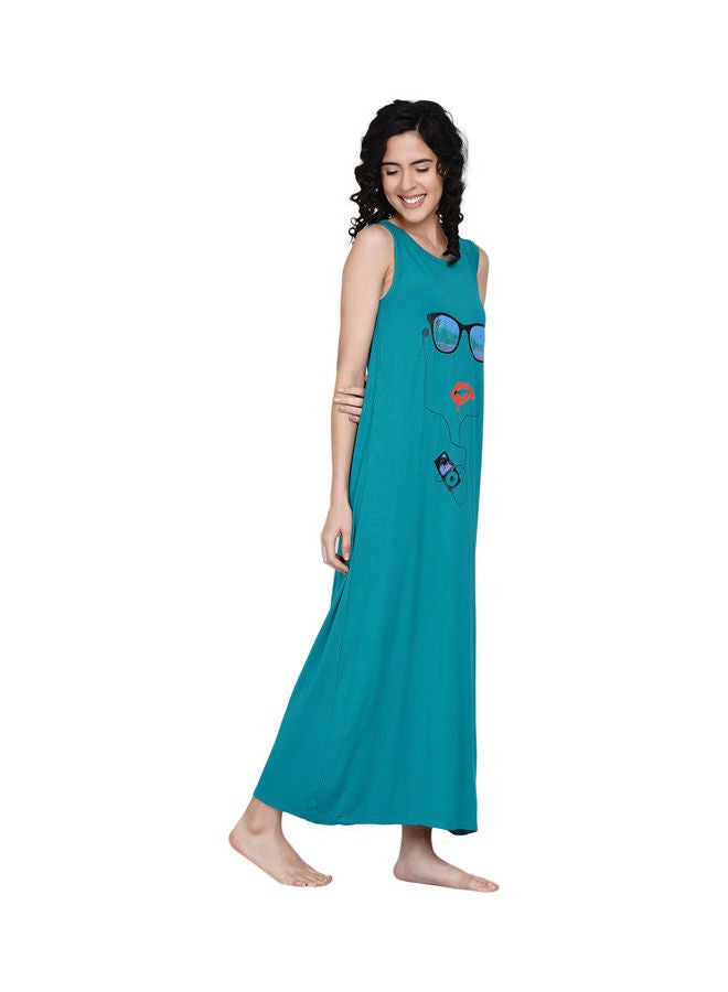 Miss London Printed Super Soft Sleeveless Night Gown Teal Green - Image 3