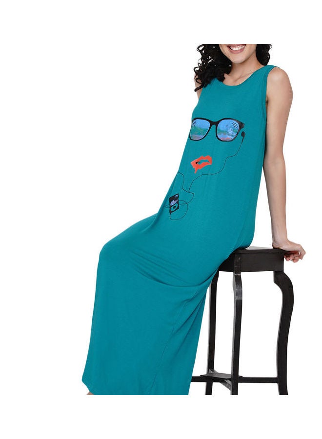 Miss London Printed Super Soft Sleeveless Night Gown Teal Green - Image 4