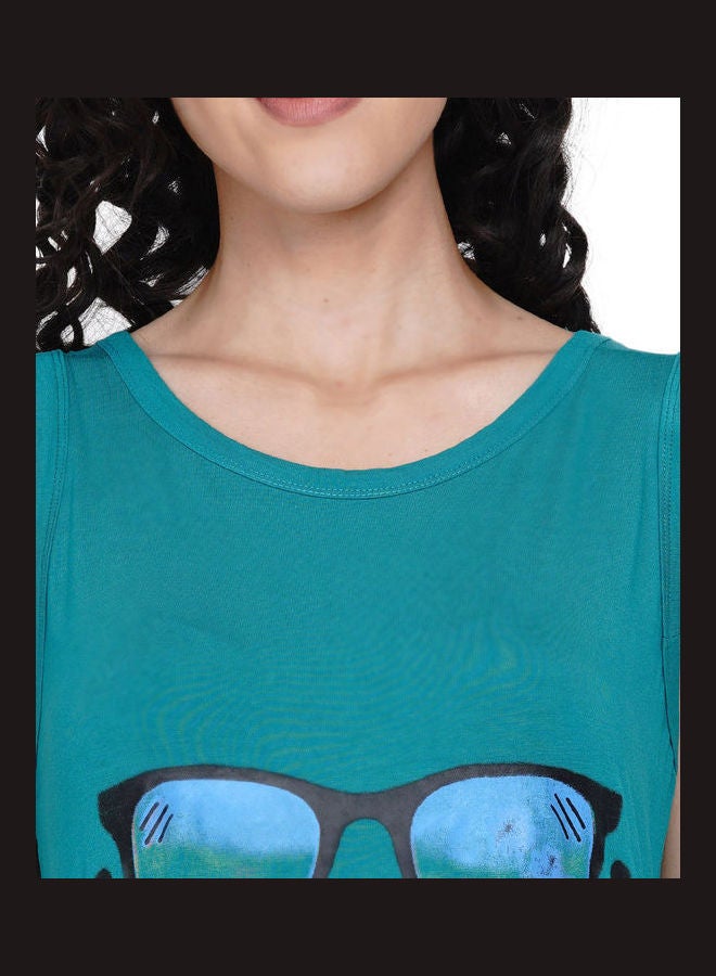 Miss London Printed Super Soft Sleeveless Night Gown Teal Green - Image 5