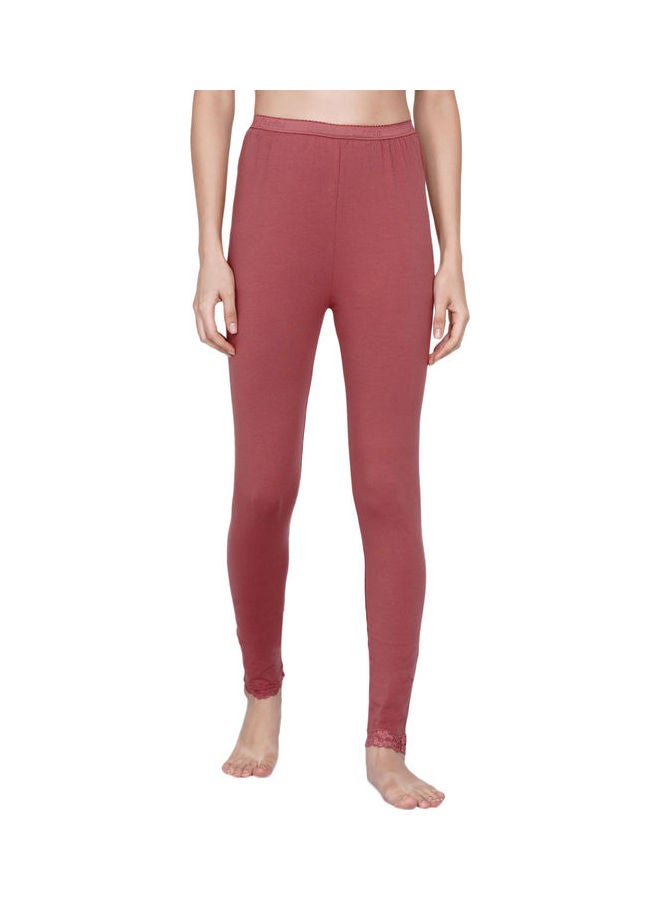 Miss London - High Waist Ultra Soft Tummy Support Stretchy Leggings With Lace Brick Red - Image 1