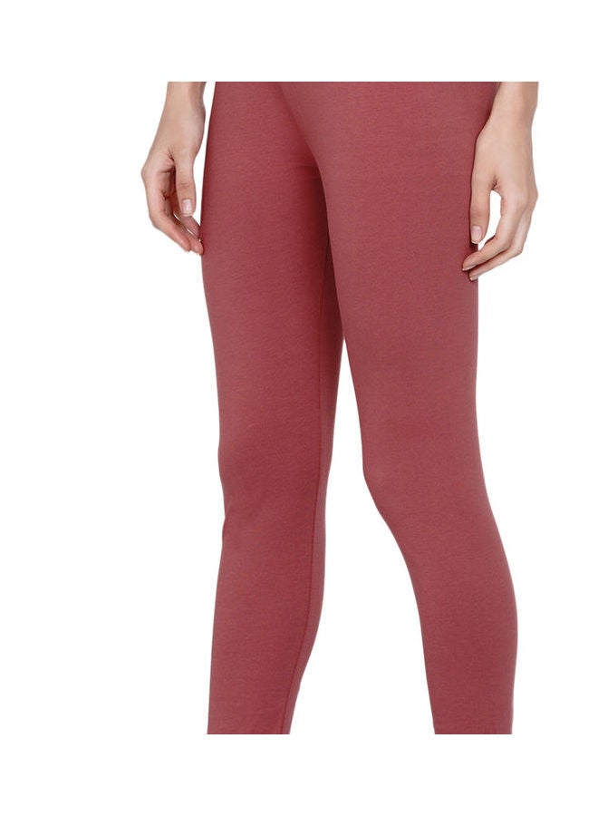 Miss London - High Waist Ultra Soft Tummy Support Stretchy Leggings With Lace Brick Red - Image 1